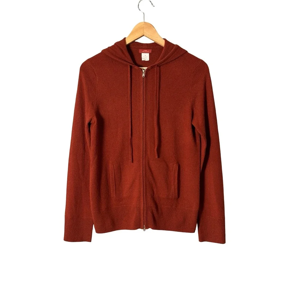 J. Crew 100% Cashmere Full Zip Hoodie Sweater Medium Rust Burnt Orange